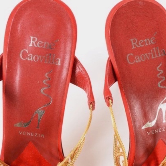 Rene Caovilla Red and Gold Chain Heels - Picture 4 of 8
